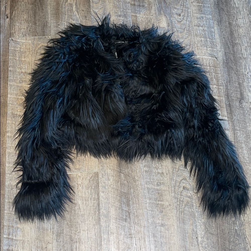 PrettyLittleThing black shaggy cropped jacket